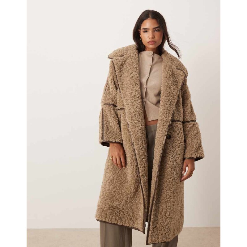 ASOS DESIGN longline shearling coat in oatmeal-Neutral