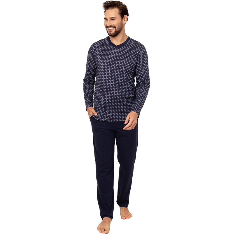 Pánské pyžamo ITALIAN FASHION GERARD dlouhé print/tmavě modrá