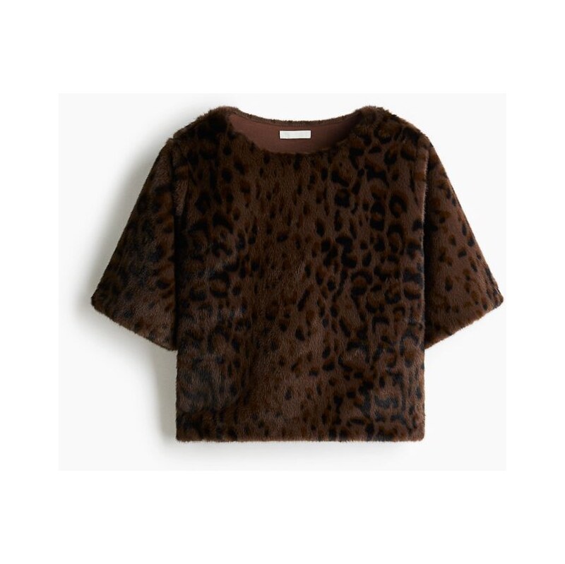 H&M - Huňatý top Loose Fit - Tmavě Hnědá/Leopardí Potisk