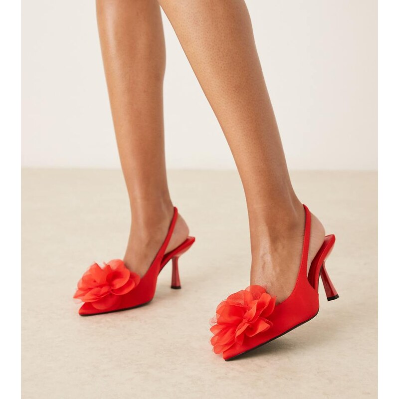 ASOS DESIGN Wide Fit Sunrise corsage slingback mid heeled shoes in red 115513798