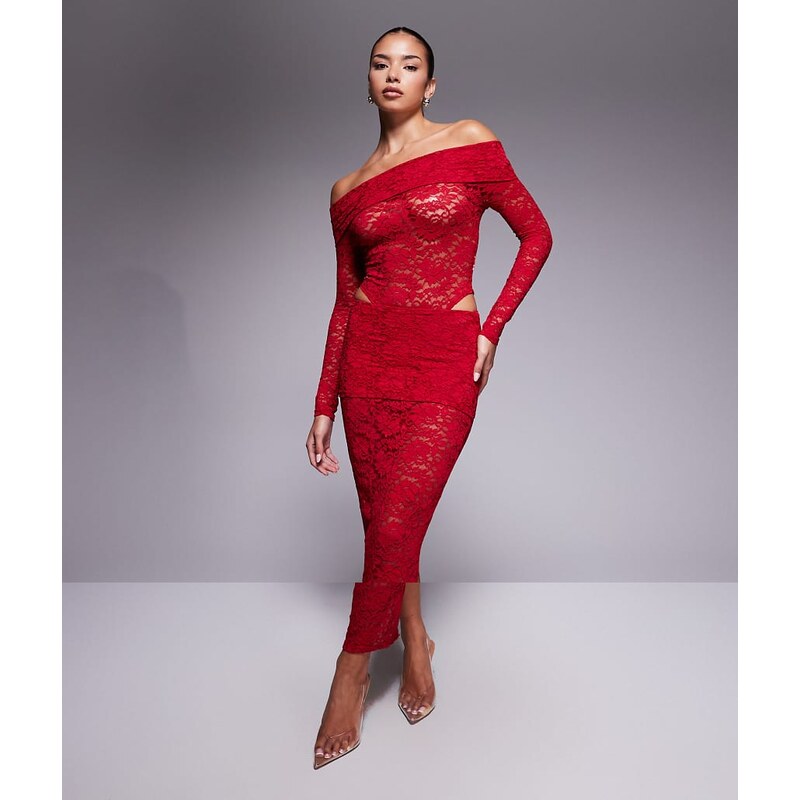 Murci exclusive sheer lace bardot bodysuit and foldover waist maxi 109676354