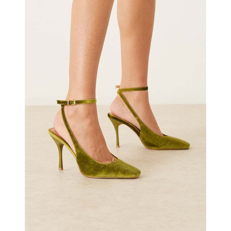 Glamorous tie leg heeled shoes in khaki velvet-Green 115514041