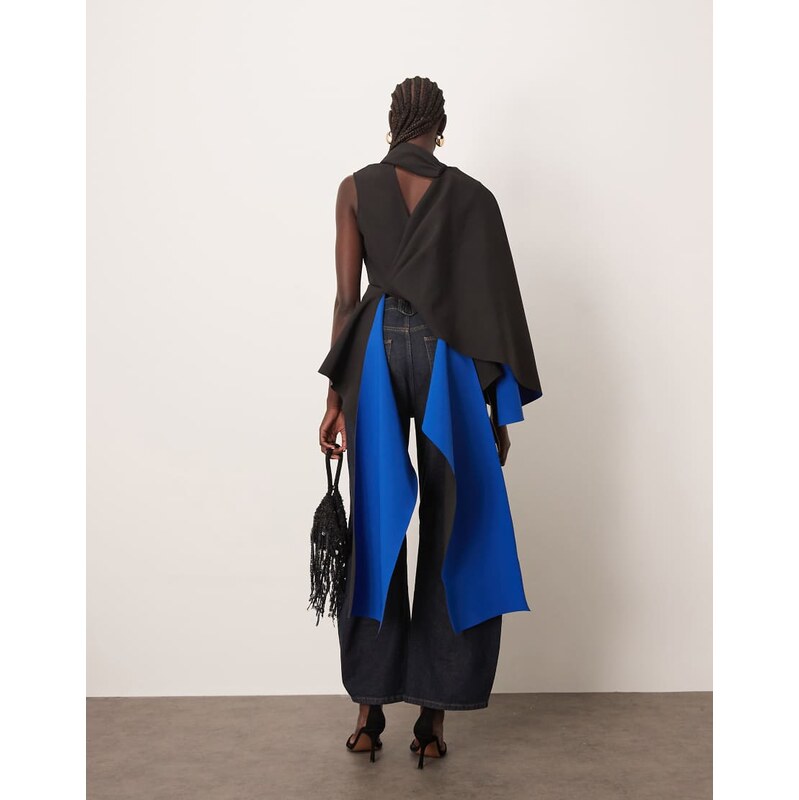 ARRANGE premium bonded crepe drape top in black contrast