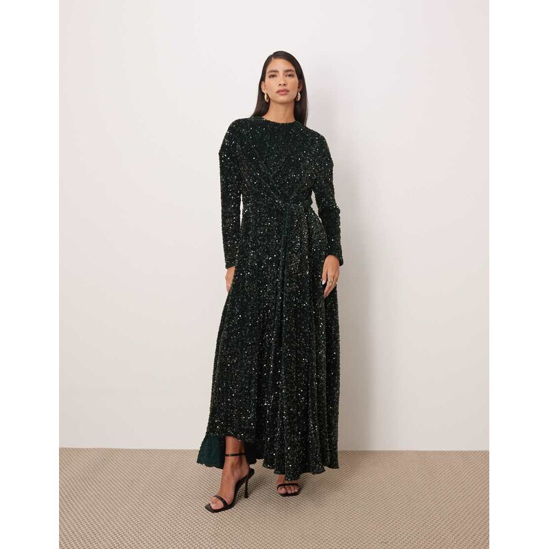 ARRANGE all over sequin long sleeve maxi dress in forest green