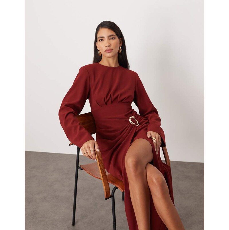 ARRANGE long sleeve draped satin maxi dress with gold hardware