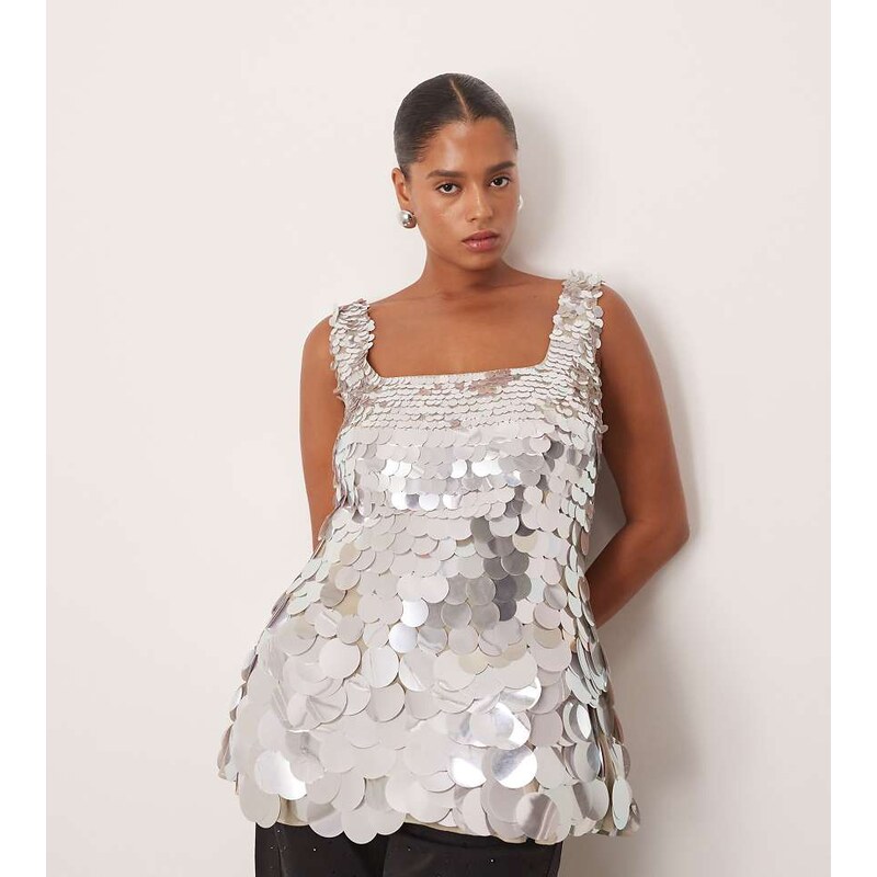 ARRANGE Curve embellished disc sequin square neck top-Silver 115707490