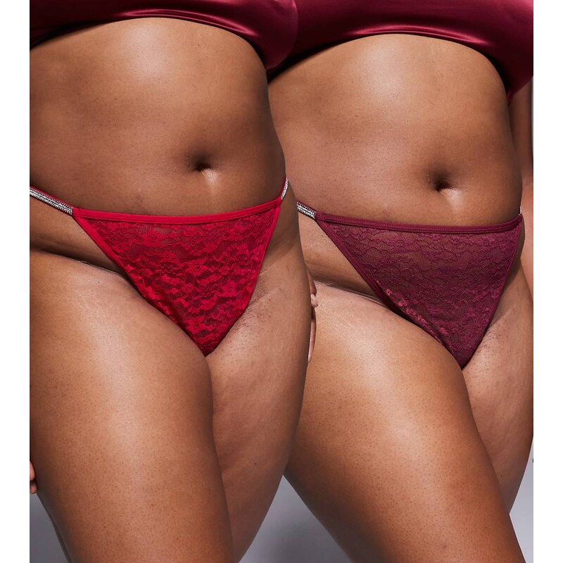 ASOS Curve ASOS DEISGN Curve 2 pack diamante tanga thong in cherry red 113757035