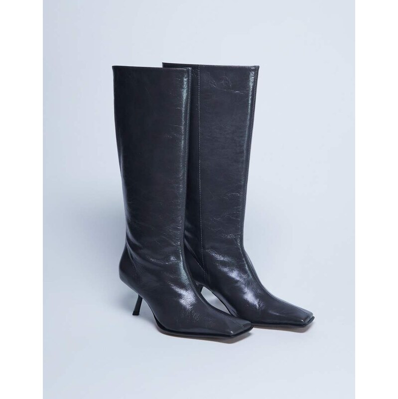 Topshop Scarlett Premium leather square toe knee high boot in grey 115545759