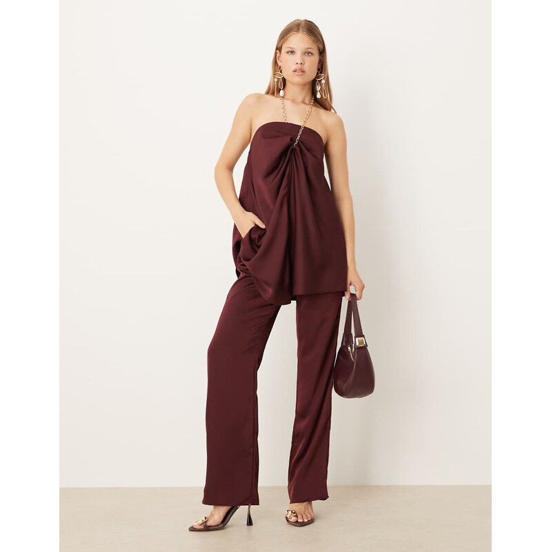 ASOS DESIGN tailored straight leg satin trousers co-ord in plum