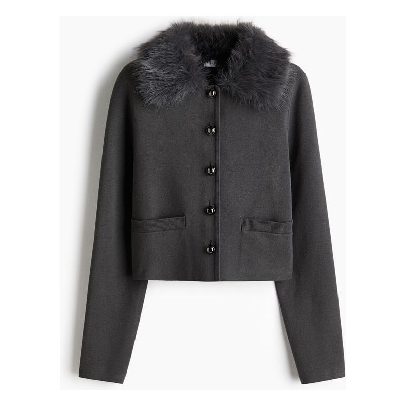 H&M - Jemně pletený propínací svetrs límcem - šedá 109429553
