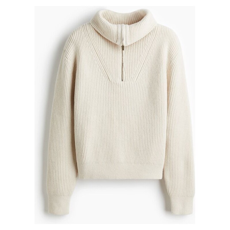 H&M - Svetr z žebrovaného úpletus horním zipem - Krémová