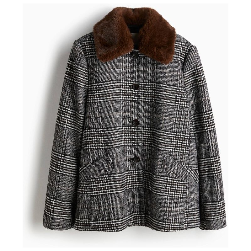 H&M - Bunda z vlněné směsi - Černá/Kostka