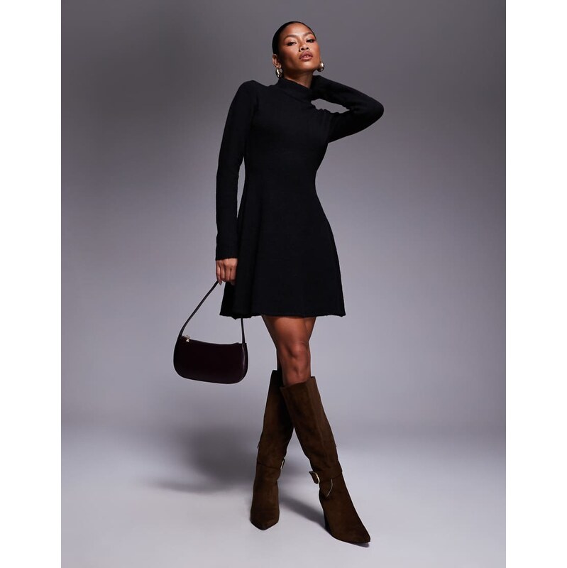 Kaiia exclusive knitted high neck skater mini dress in black 109431579