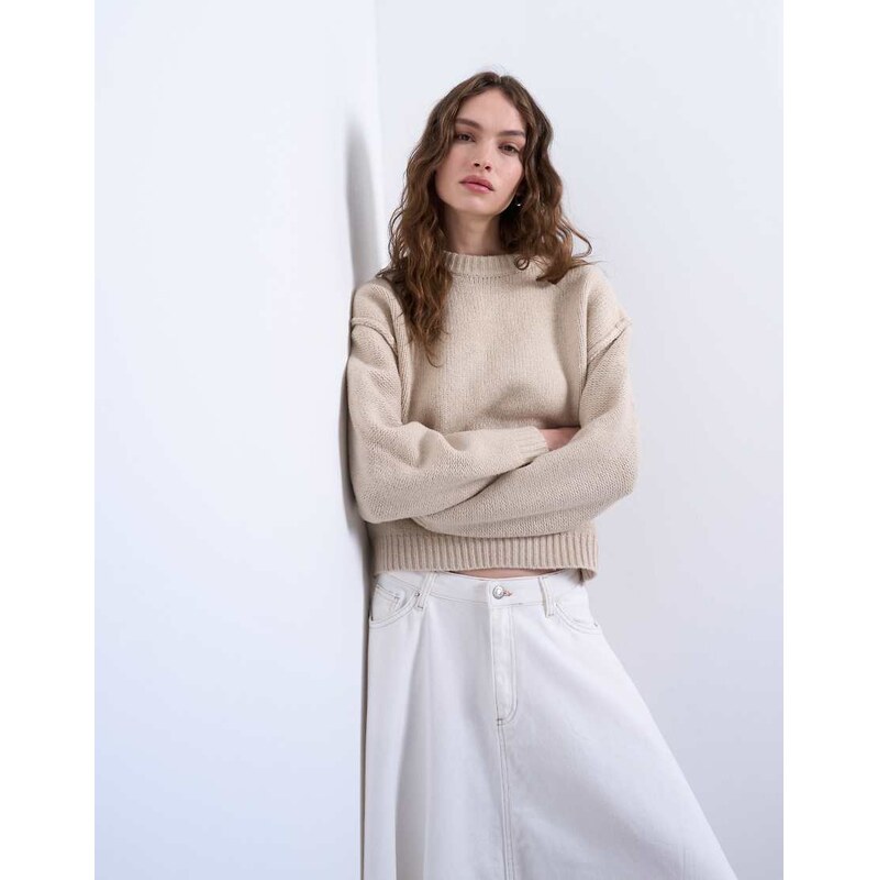 Topshop knitted boxy wide sleeve mid crew jumper in oat-Neutral