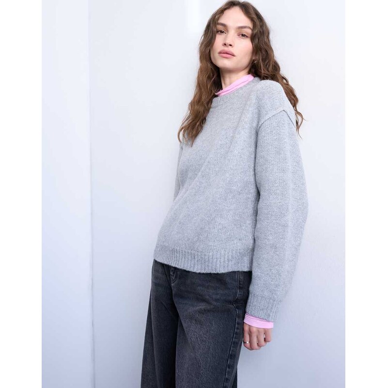 Topshop knitted boxy wide sleeve mid crew jumper in grey-Green