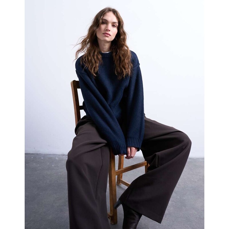 Topshop knitted boxy wide sleeve mid crew jumper in Navy-Blue 115511159