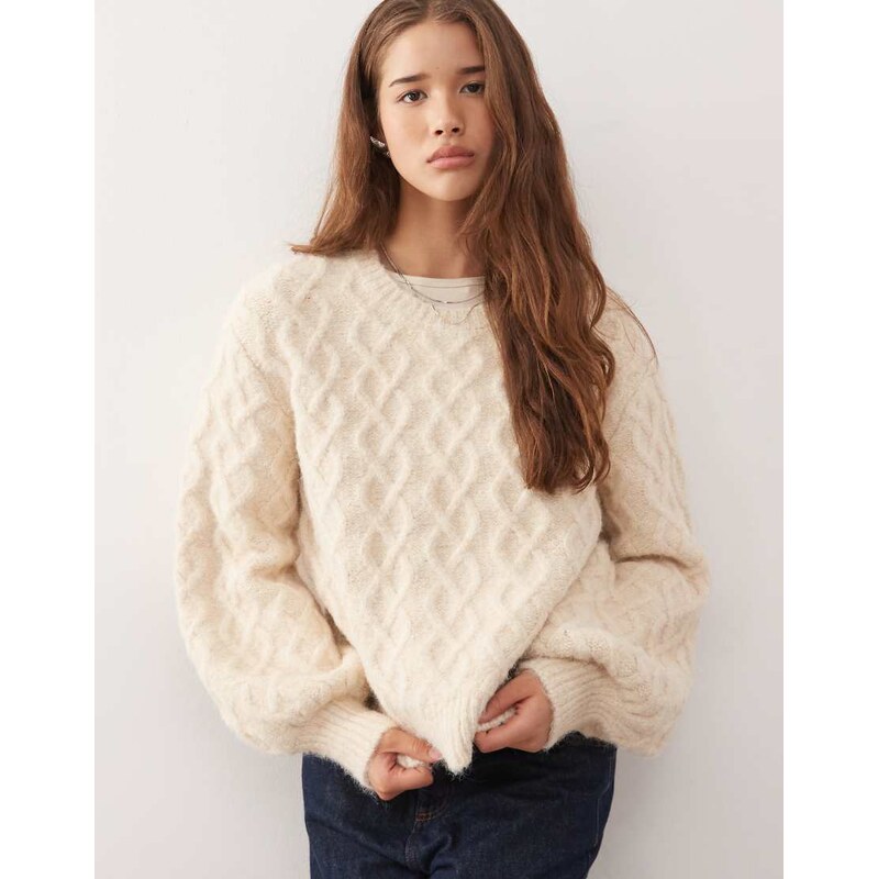 Reclaimed Vintage brushed chunky cable knitted jumper in cream-White 109431408