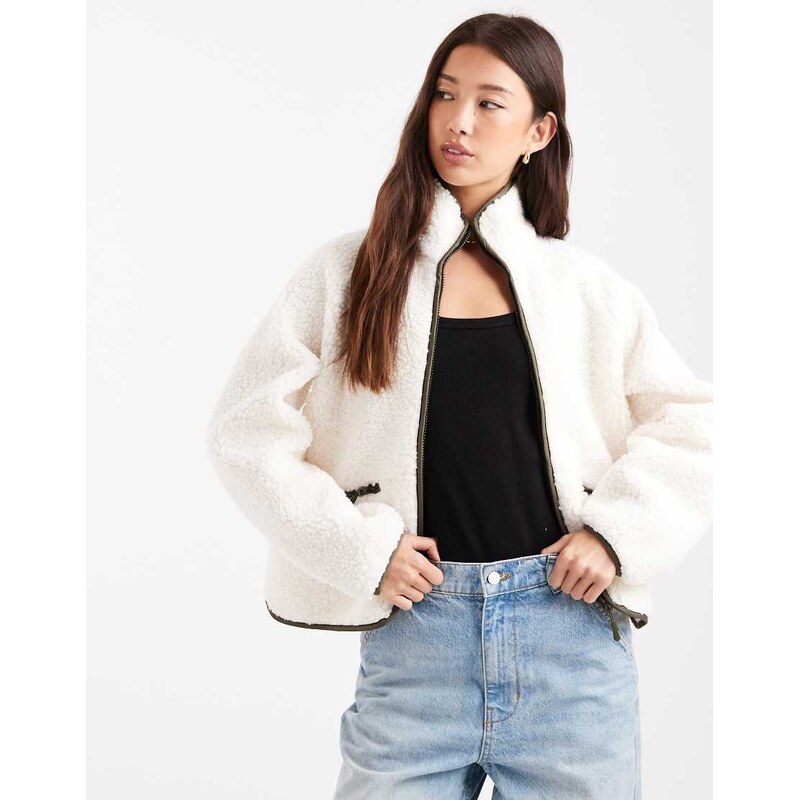 Threadbare zip front borg fleece with back panel in ecru and