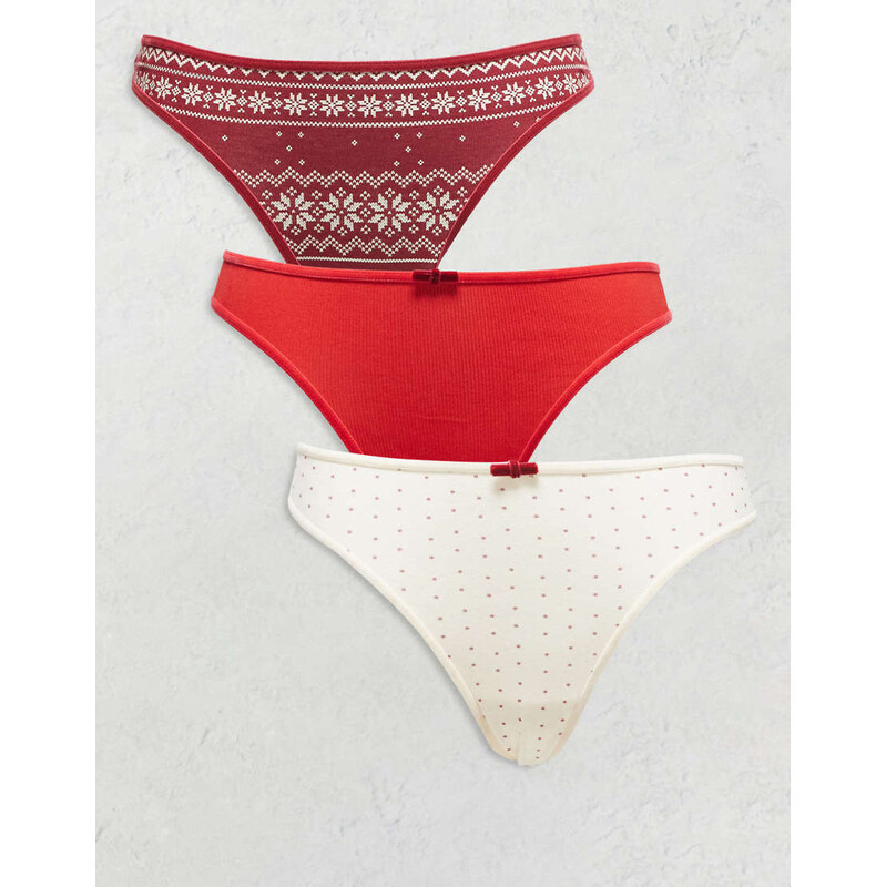 ASOS DESIGN 3 pack christmas thong in burgundy fairisle print, red rib 115514068