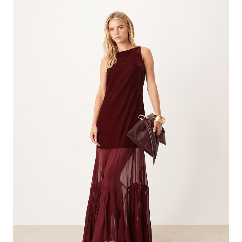 ASOS Petite ASOS DESIGN Petite drop waist velvet maxi dress with sheer 115514121