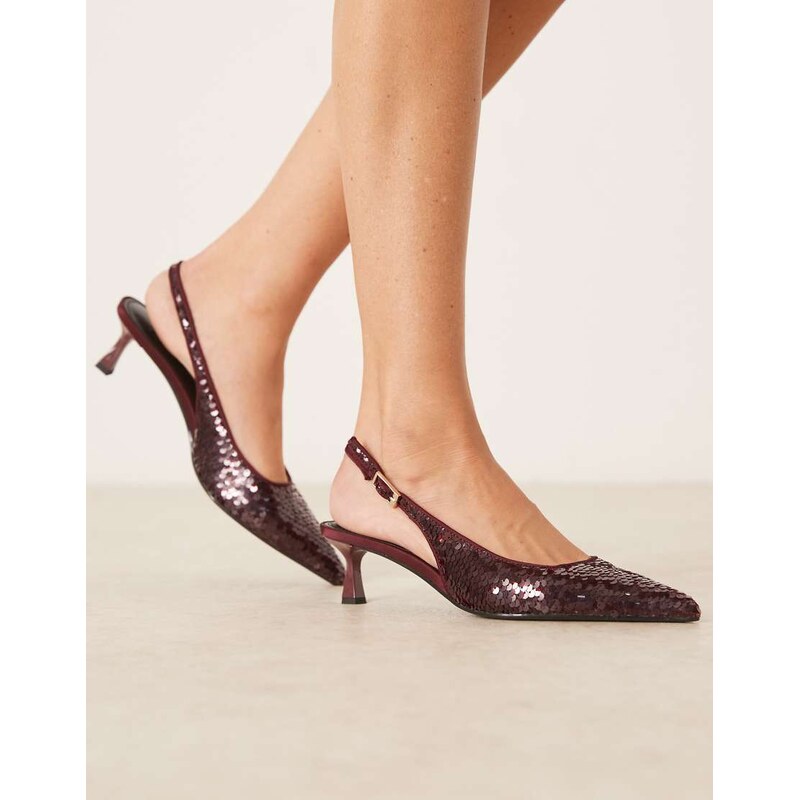 ASOS DESIGN Skip slingback kitten heel shoes in burgundy sequin