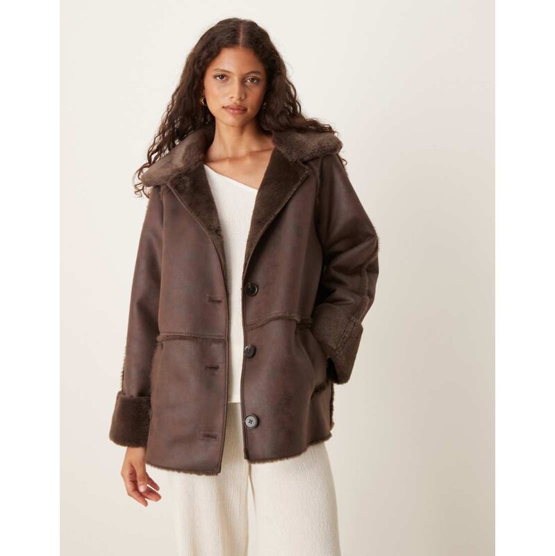 Pretty Lavish aviator coat in chocolate brown