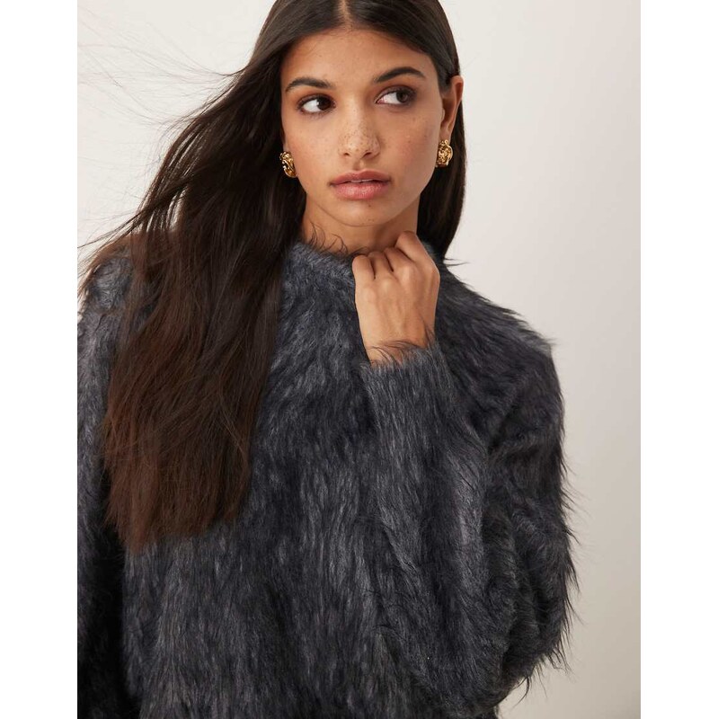ASOS DESIGN knitted extreme eyelash crew neck jumper in grey-Black