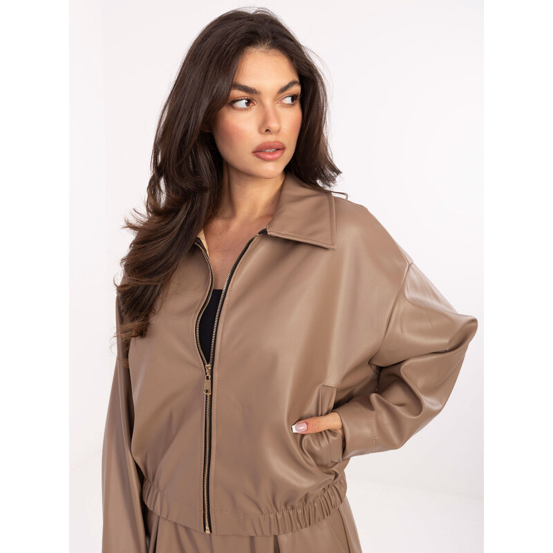 RUE PARIS Béžový dámský koženkový bomber -DARK BEIGE Béžová