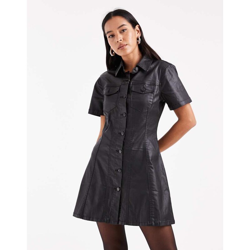 ASOS DESIGN short sleeve denim shirt dress in coated black