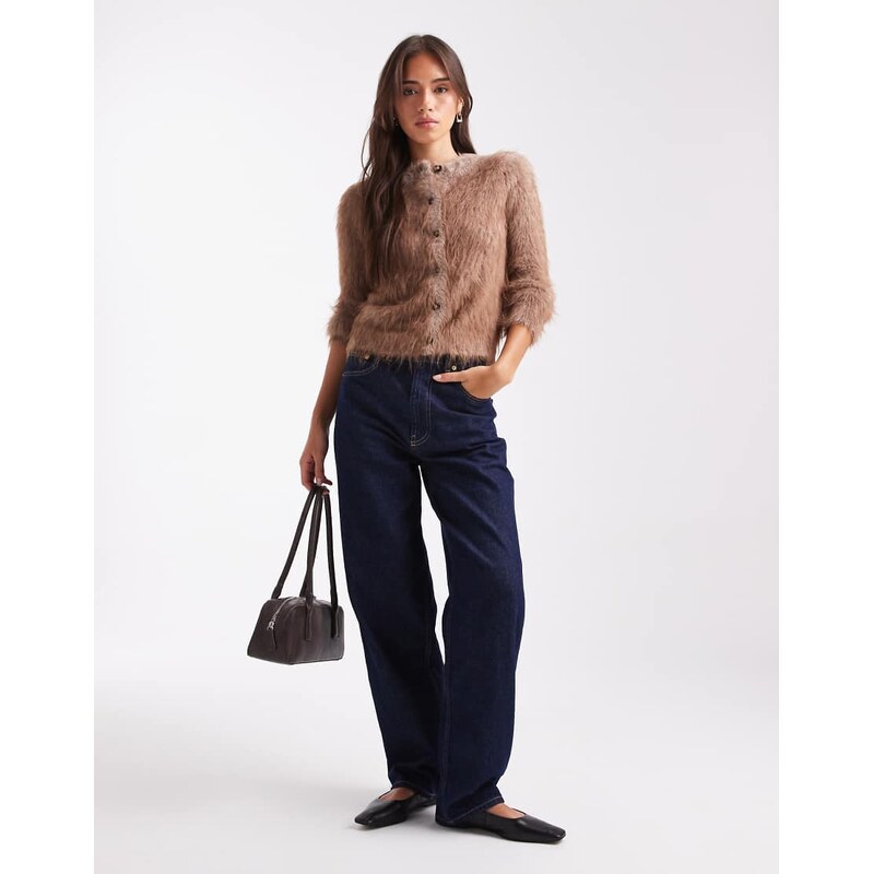 ASOS DESIGN knitted extreme eyelash neat fit cardigan in mocha-Purple
