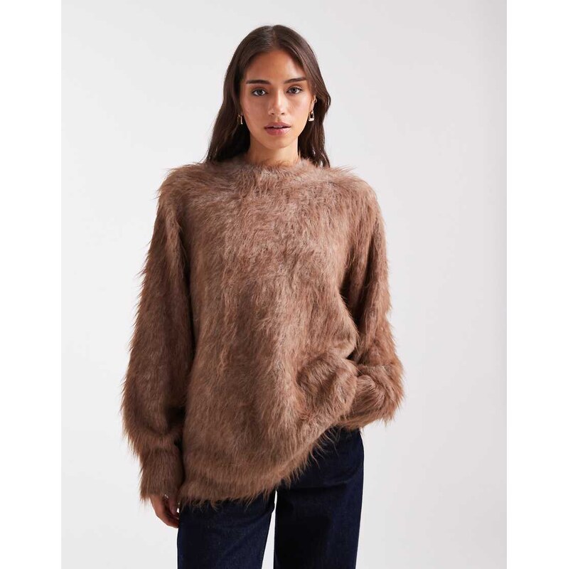 ASOS DESIGN knitted extreme eyelash crew neck jumper in taupe-Purple