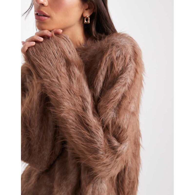ASOS DESIGN knitted extreme eyelash crew neck jumper in taupe-Purple