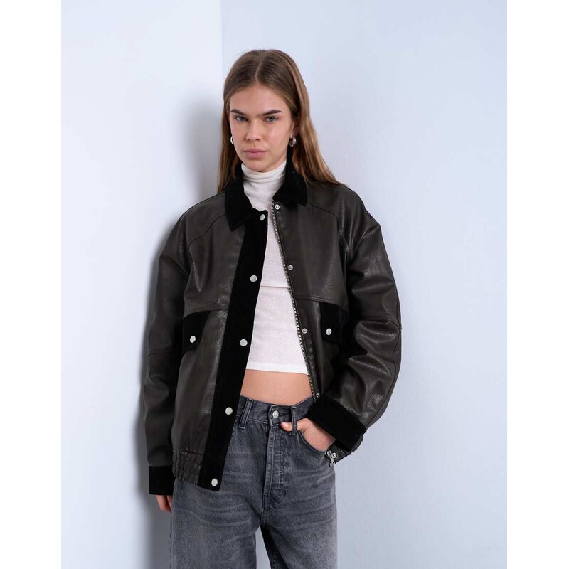 Topshop faux leather patch pocket jacket with faux suede contrast in 115566681