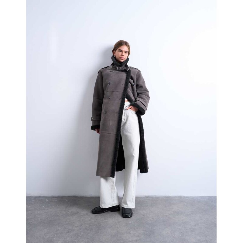 Topshop longline funnel aviator shearling in grey