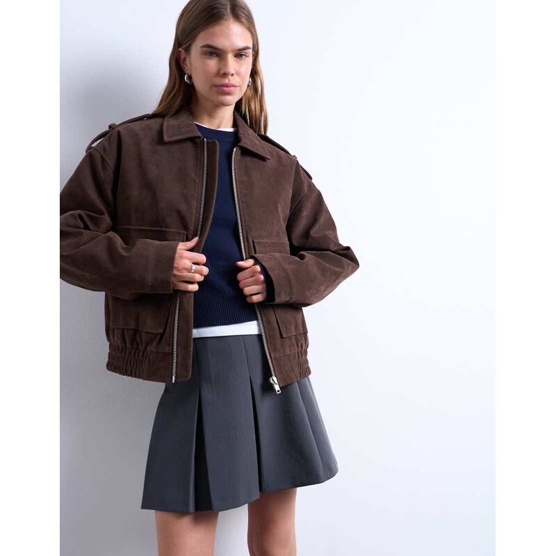 Topshop faux suede quilted lined bomber jacket with popper details in 115560792