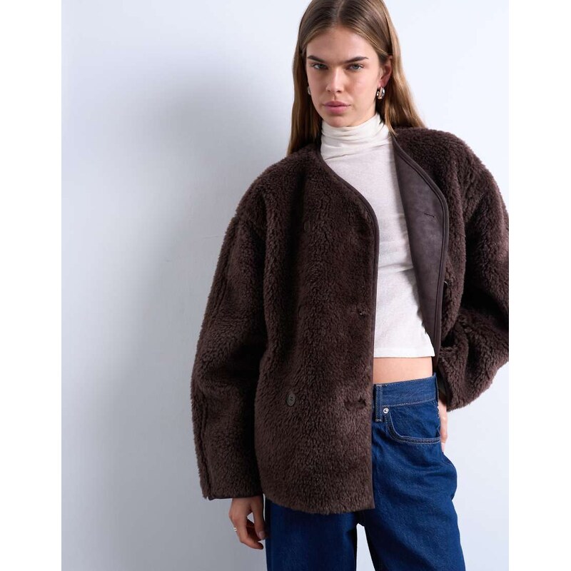 Topshop ovoid short shearling double breasted jacket in choc