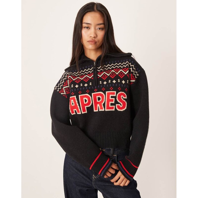 ASOS DESIGN ski slogan half zip fairisle jumper-Red