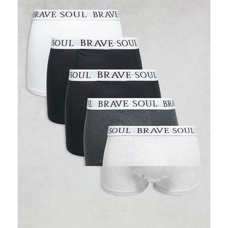 Brave Soul 5 pack boxers with logo waistband in black, grey and white 109436355