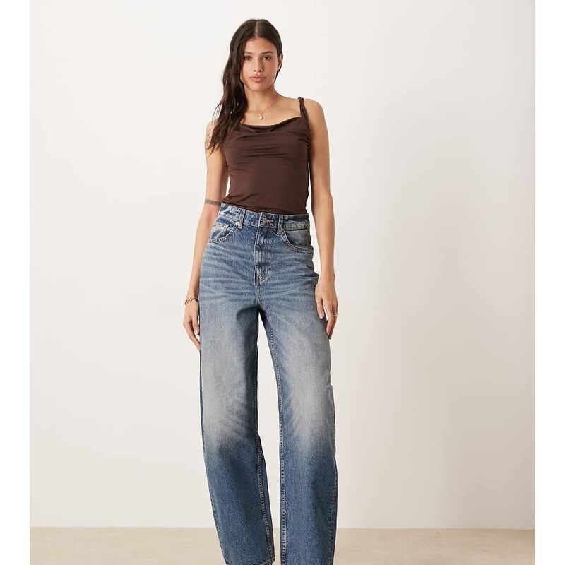 ASOS Tall ASOS DESIGN Tall high waisted barrel leg jeans in dark mid 115513754