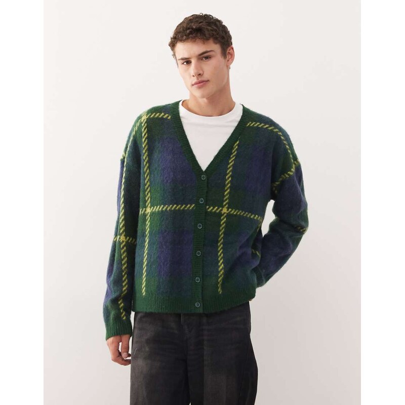 COLLUSION Knitted cardigan with blue and neon green check-Multi