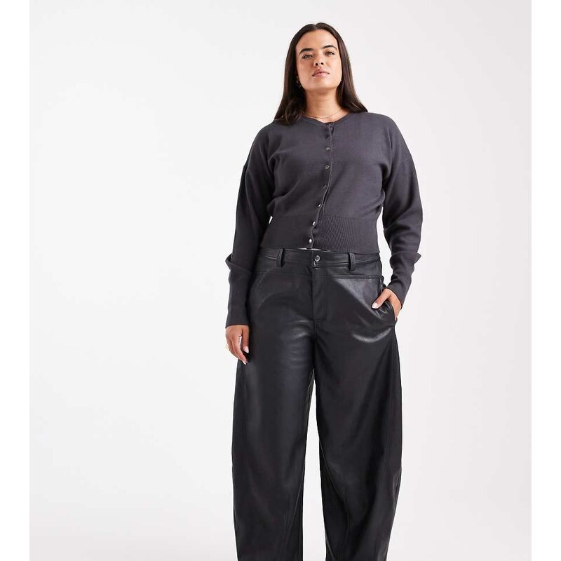 ASOS DESIGN Curve faux leather barrel leg trousers with seam detail in 109436418