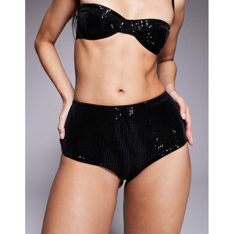 ASOS DESIGN Brie sequin high waist brief in black 109436419
