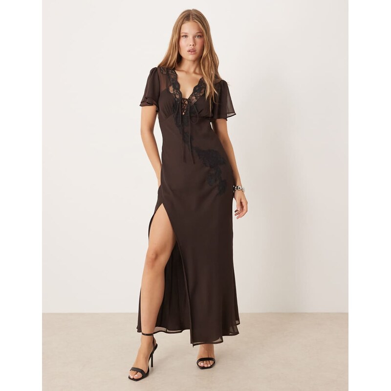 ASOS DESIGN flutter sleeve tie front maxi tea dress with lace