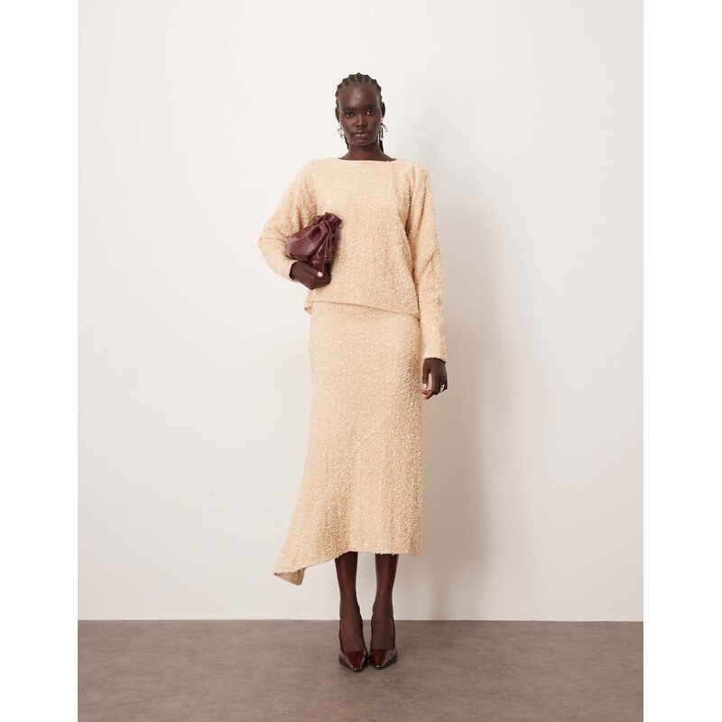 ARRANGE velvet allover sequin asymmetric hem skirt co-ord in cream 109436444