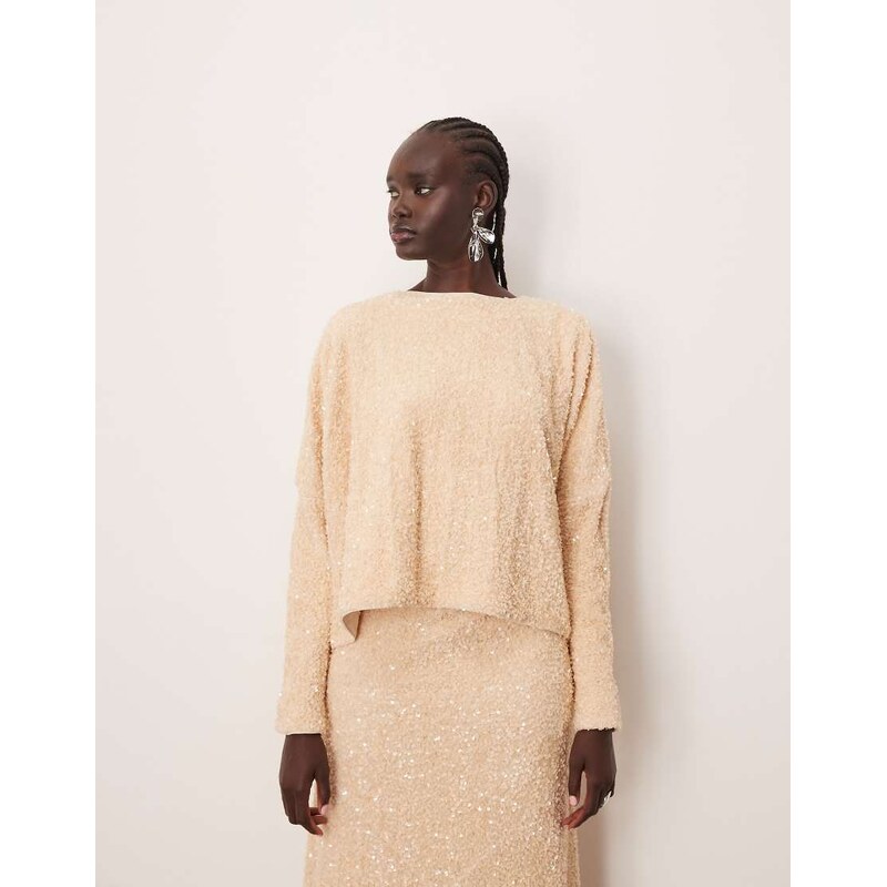 ARRANGE velvet allover sequin top co-ord in cream-White 109436446