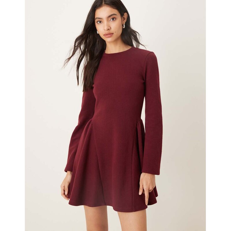 ASOS DESIGN supersoft long sleeve godet mini dress in burgundy-Red 109436447