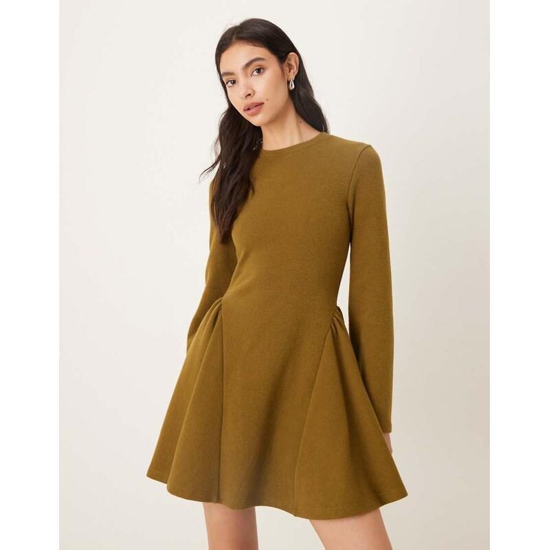 ASOS DESIGN supersoft long sleeve godet mini dress in khaki-Green 112212437