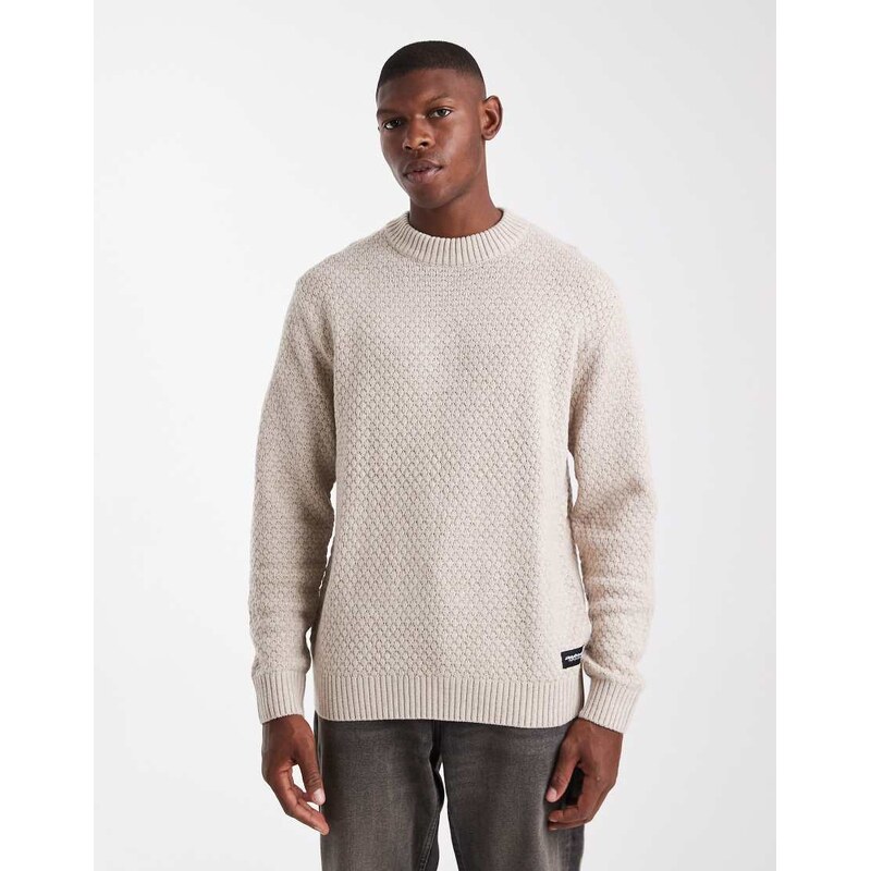 JJ Rebel relaxed fit textured crew neck jumper in beige-Neutral