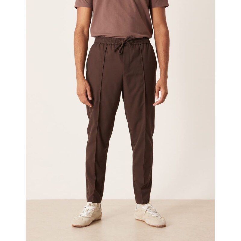 ASOS DESIGN pull on smart tapered trousers in brown flannel with