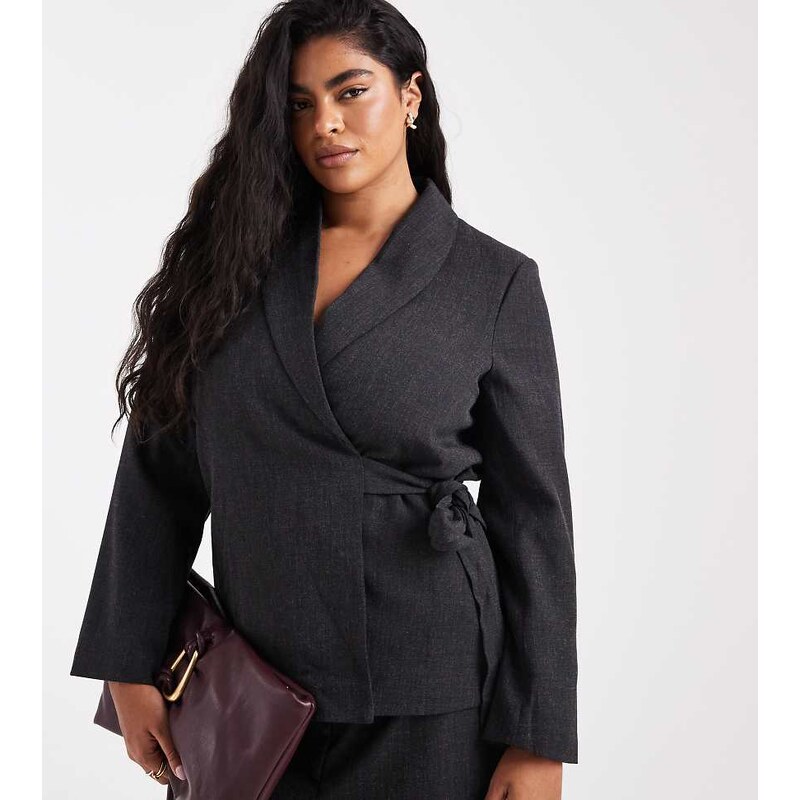 Vero Moda Curve tailored tie side blazer co-ord in dark grey melange 115640269